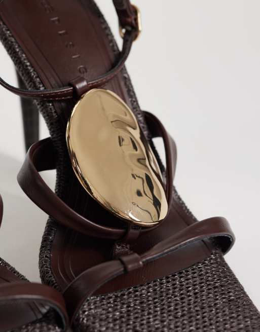 ASOS DESIGN Nostalgia trim detail T bar high heel sandals in chocolate, 4 of 4