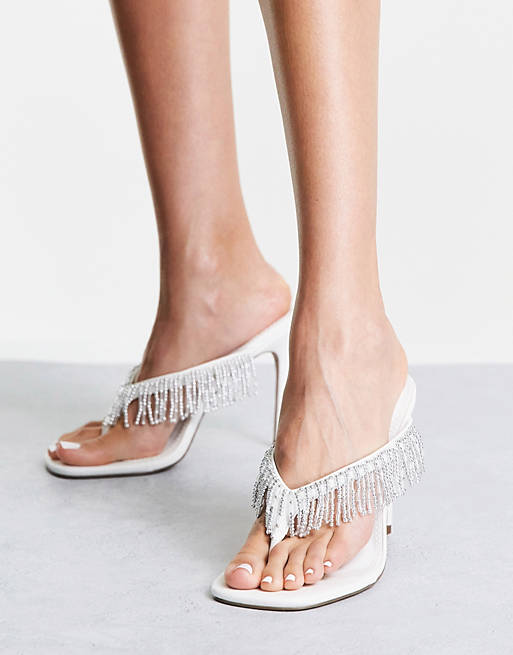 ASOS DESIGN Notation beaded toe thong heeled sandals in white