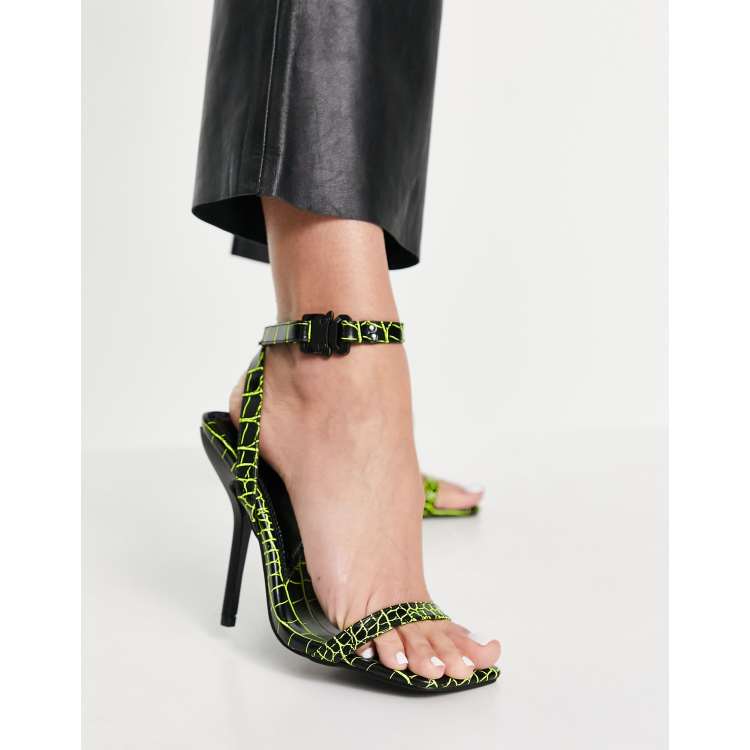 ASOS DESIGN Note barely there heeled sandals in black and lime croc