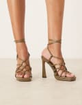 [ASOS DESIGN] ASOS DESIGN Note knotted detail caged high heel sandals in olive-Green 36 Dark green