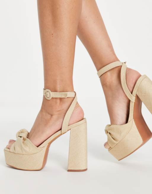 ASOS DESIGN Note knotted platform heeled sandals in natural fabrication, 3 of 4