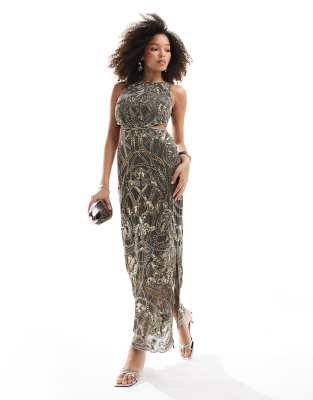 Asos Design Nouveau Embellished Maxi Dress With Cut Out Sides In Charcoal-gray