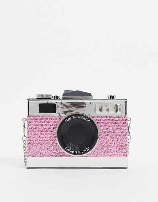 ASOS DESIGN novelty camera clutch bag in pink glitter