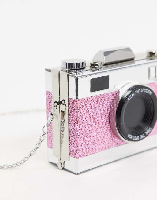 ASOS DESIGN novelty camera clutch bag in pink glitter