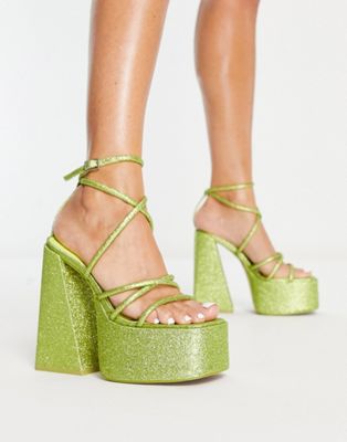 Asos Design Nutcracker Extreme Platform Heeled Sandals In Green Glitter