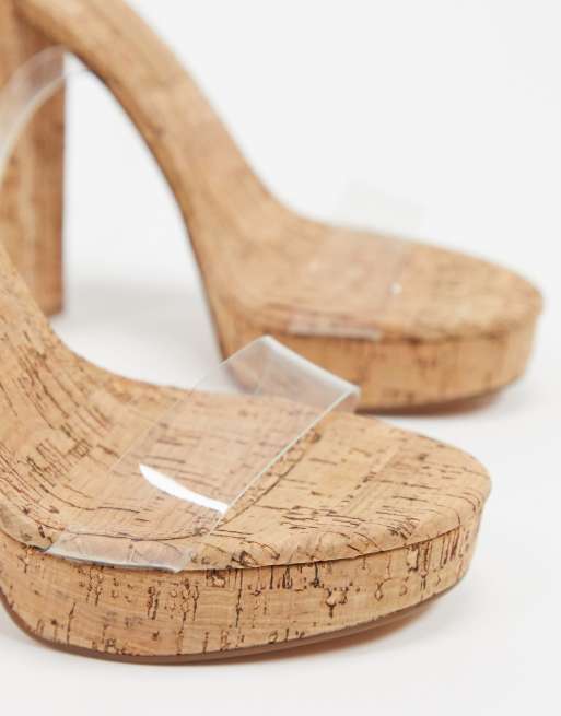 ASOS DESIGN Nutshell clear platform barely there heeled sandals in cork