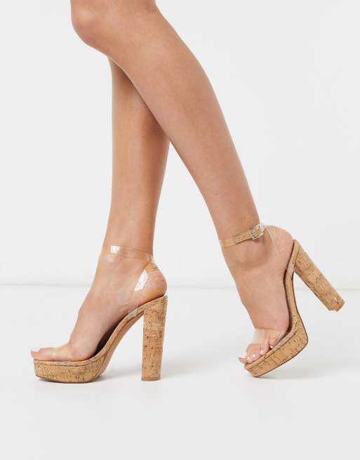 ASOS DESIGN – Nutshell – Filigrane, transparente Sandalen mit Korkabsatz