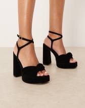 ASOS DESIGN Wide Fit Nutshell knotted platform block heeled sandals in dark green satin