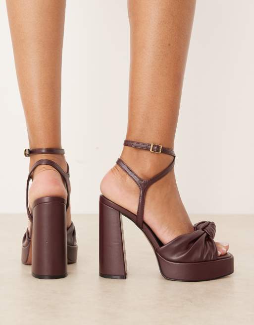 ASOS DESIGN Nutshell knotted platform block heeled sandals in burgundy