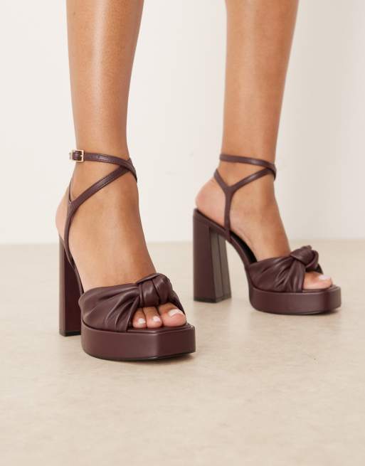 ASOS DESIGN Nutshell knotted platform block heeled sandals in burgundy