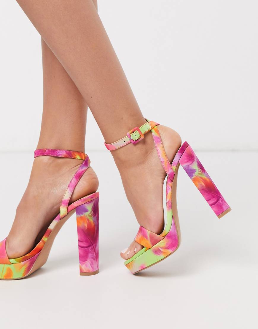 ASOS DESIGN Nutshell platform barely there heeled sandals in tropical print | ASOS