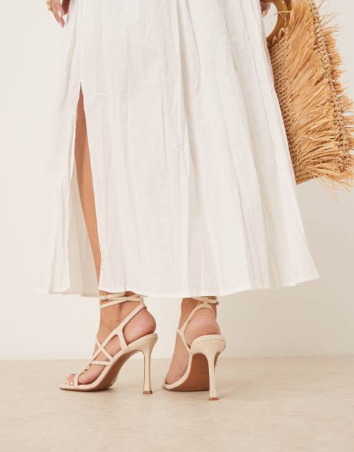 ASOS DESIGN Nutty caged high heeled sandals in natural linen