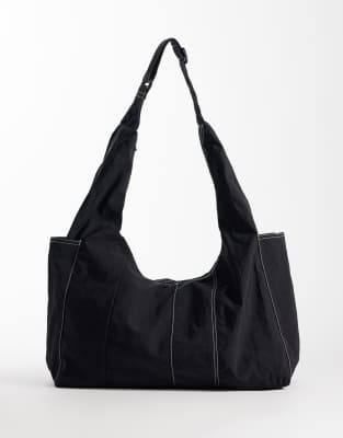 Asos Design Nylon Cross-body Bag With Contrast Stitching In Black