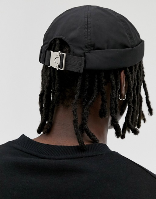 ASOS DESIGN docker hat in black nylon with clasp detail
