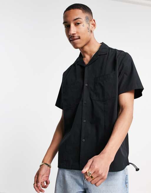 ASOS DESIGN - Nylon overhemd met trekkoord in de zoom in zwart