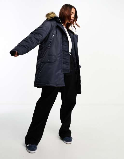 ASOS DESIGN nylon parka with fur hood in navy