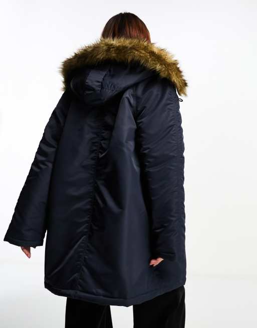 ASOS DESIGN nylon parka with fur hood in navy