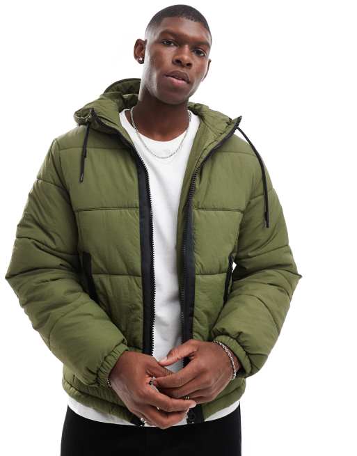 ASOS Design Nylon Puffer Jacket with Contrast Trim in khaki Green