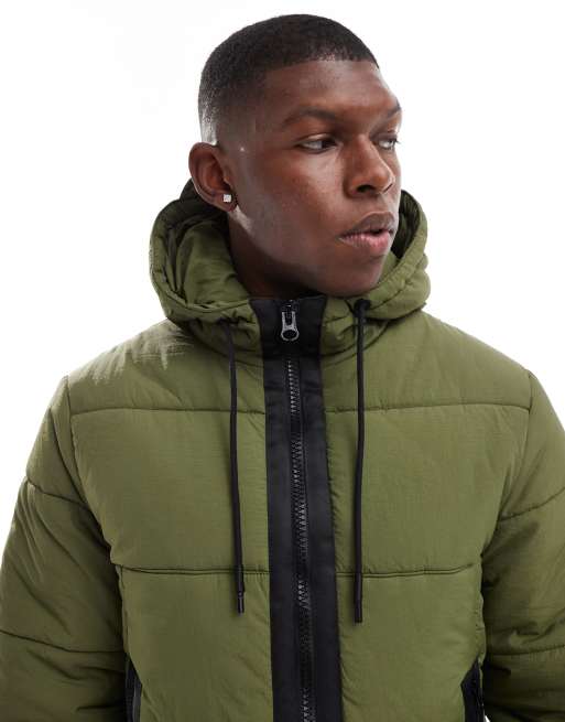 ASOS DESIGN nylon puffer jacket with contrast trims in khaki ASOS