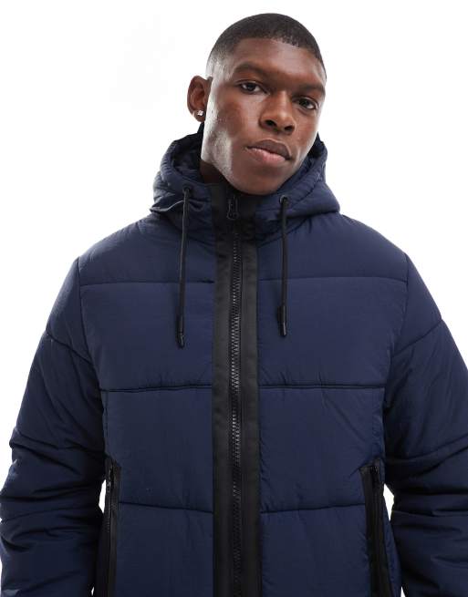 ASOS DESIGN nylon puffer jacket with contrast trims in navy ASOS