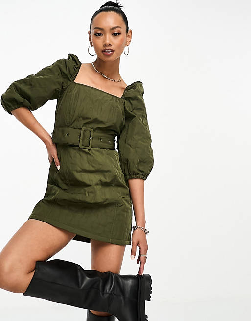 ASOS DESIGN nylon quilted belted mini dress in khaki