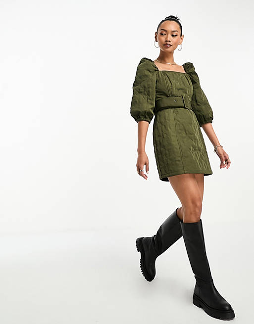 ASOS DESIGN nylon quilted belted mini dress in khaki | ASOS