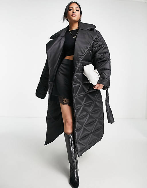 ASOS DESIGN nylon quilted maxi puffer coat in black