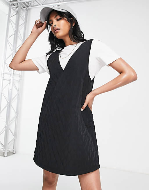ASOS DESIGN nylon quilted mini pinny dress in black | ASOS