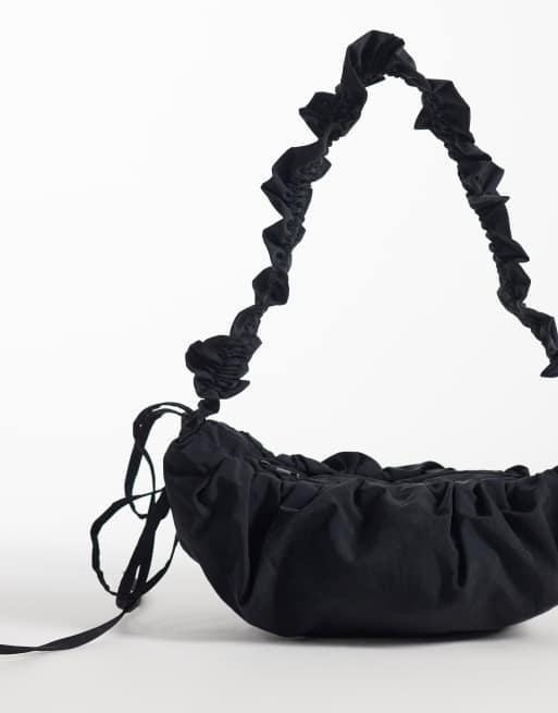 ASOS DESIGN nylon ruched adjustable crossbody shoulder bag in black, 4 of 4
