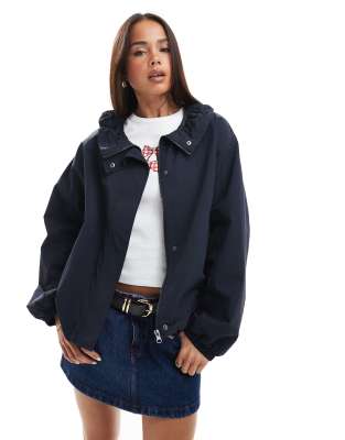 ASOS DESIGN nylon ruched funnel neck bomber jacket in navy - view 1