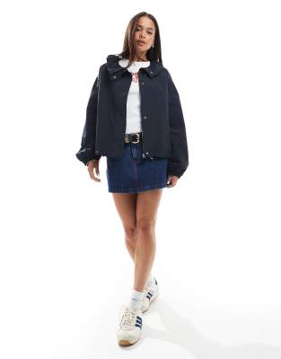 Asos Design Nylon Ruched Funnel Neck Bomber Jacket In Navy