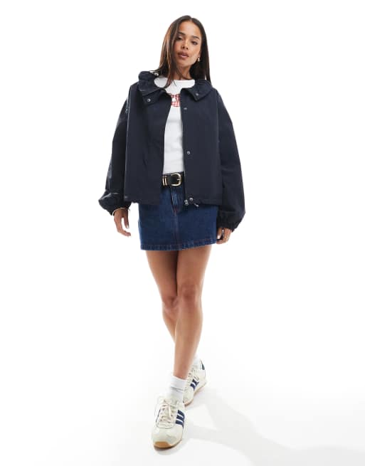 ASOS DESIGN nylon ruched funnel neck bomber jacket in navy
