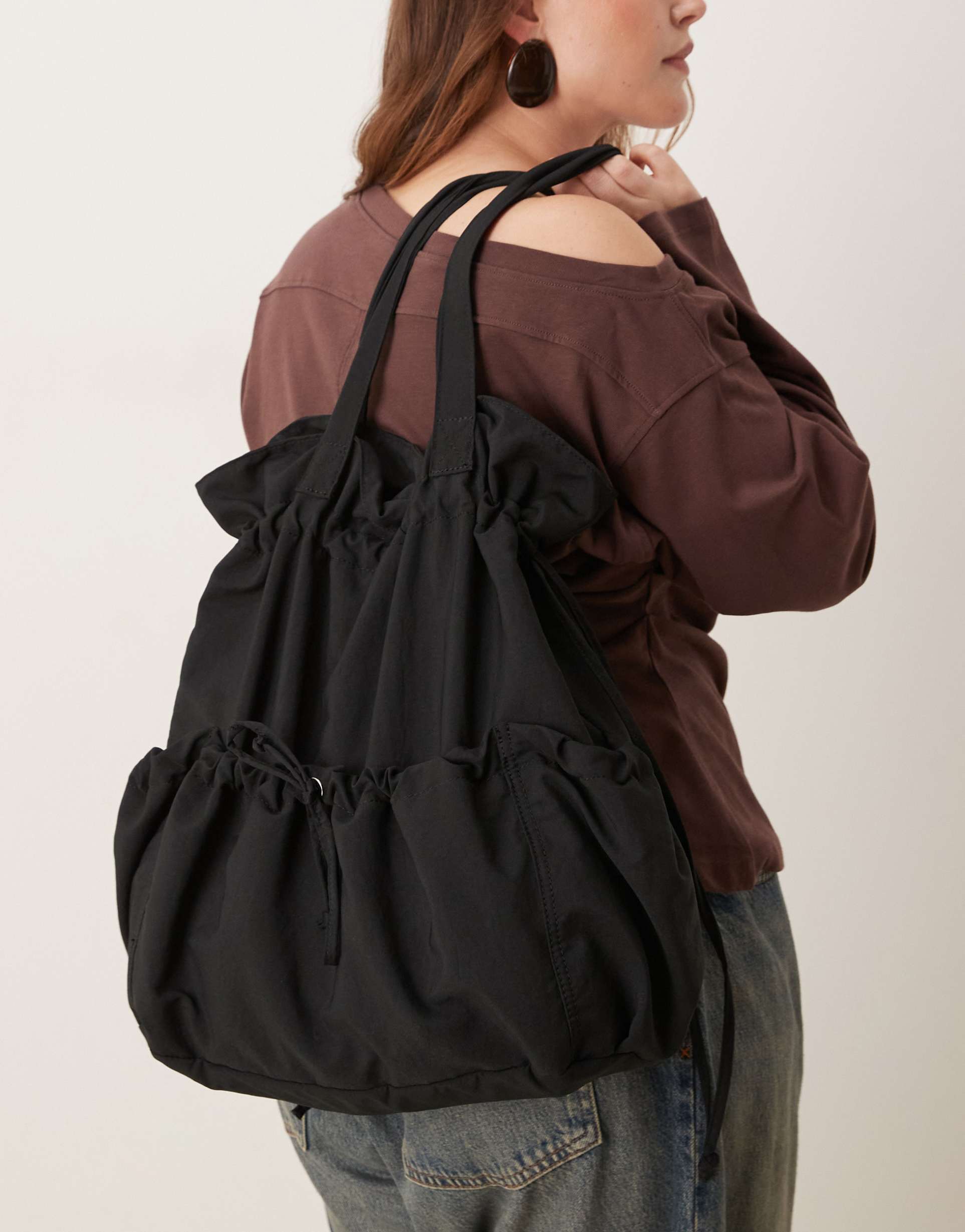 asos design nylon ruched pocket tote bag in black