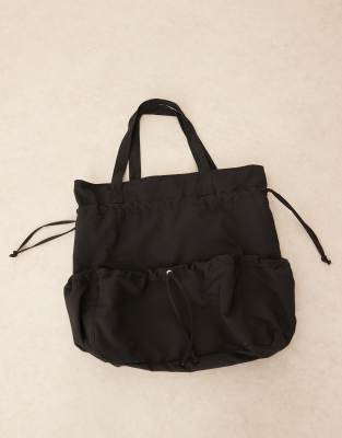 Asos Design Nylon Ruched Pocket Tote Bag In Black