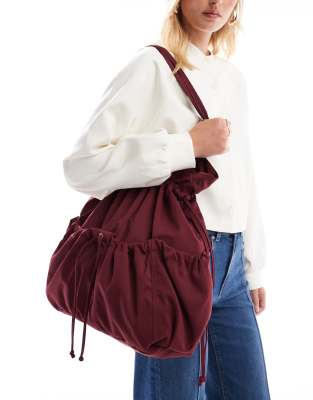 Asos Design Nylon Ruched Pocket Tote Bag In Red