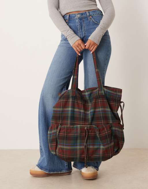 ASOS DESIGN nylon ruched pocket tote bag in check, 2 of 4