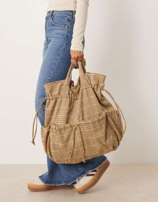 Asos Design Nylon Ruched Pocket Tote Bag In Neutral