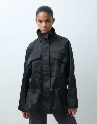 Asos Design Nylon Sateen Funnel Track Jacket In Black
