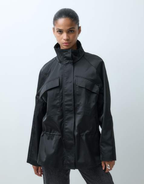 ASOS DESIGN nylon sateen funnel track jacket in black - view 1