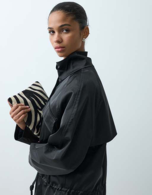 ASOS DESIGN nylon sateen funnel track jacket in black, 2 of 5