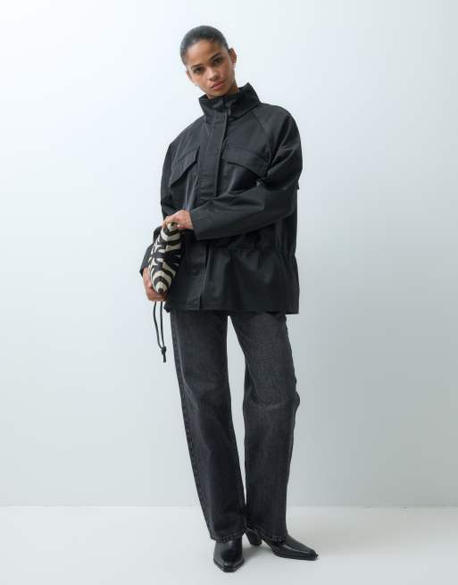 ASOS DESIGN nylon sateen funnel track jacket in black, 4 of 5