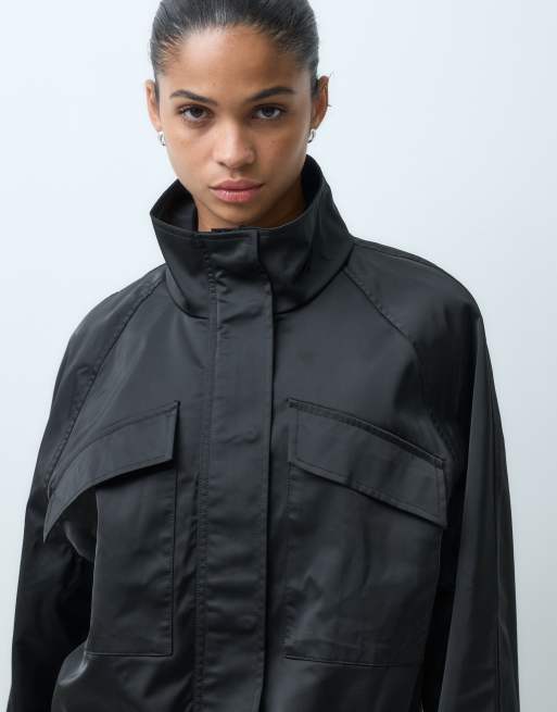 ASOS DESIGN nylon sateen funnel track jacket in black, 5 of 5