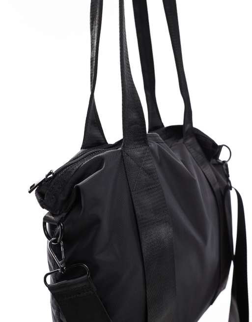 ASOS DESIGN nylon tote bag with patent handle in black