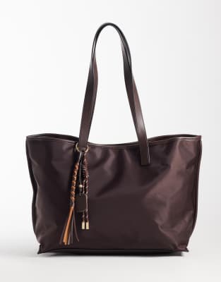 Asos Design Nylon Tote Bag In Brown