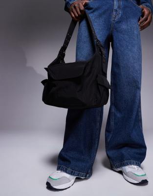 nylon tote bag with buckled strap in black