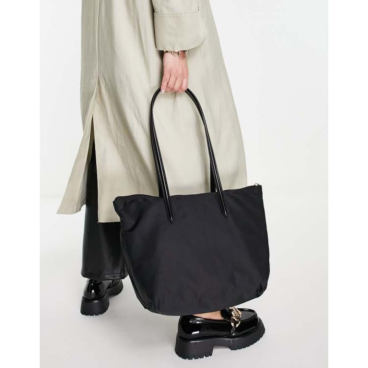 ASOS DESIGN nylon tote bag with patent handle in black