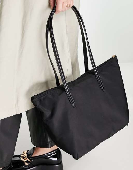 ASOS DESIGN nylon tote bag with patent handle in black