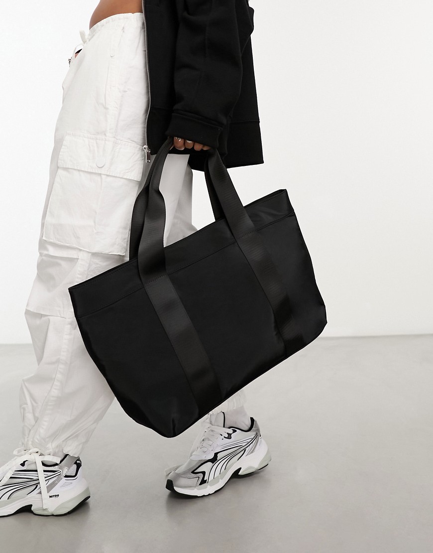 ASOS DESIGN nylon tote bag with webbing strap detail in black