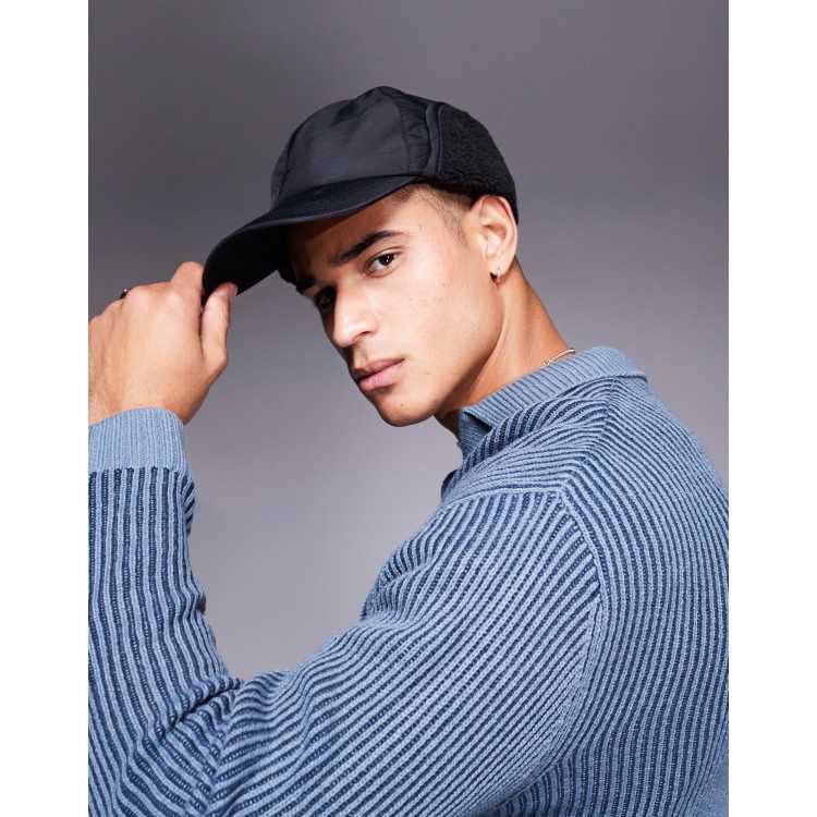ASOS DESIGN nylon trapper cap with teddy fleece in black ASOS
