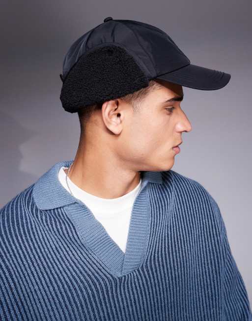ASOS DESIGN nylon trapper cap with teddy fleece in black